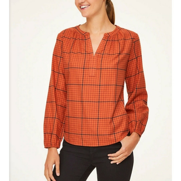 Loft Orange Plaid Split Neck Blouse